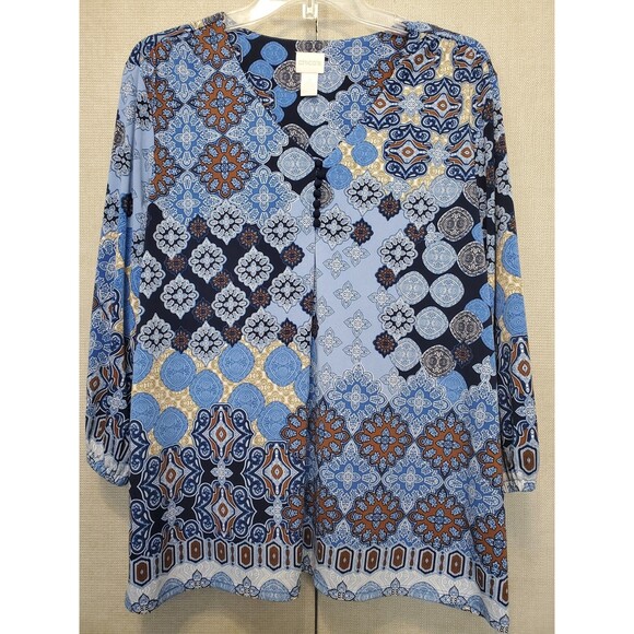 Chico's Blue Medallion Print Button Detail 3/4 Sleeve Tunic Size 2 Large Boho - Picture 1 of 8